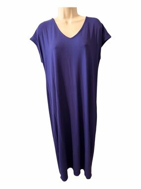 Eileen Fisher Indigo Bateau-Neck Jersey Midi Shift Dress | Size Small